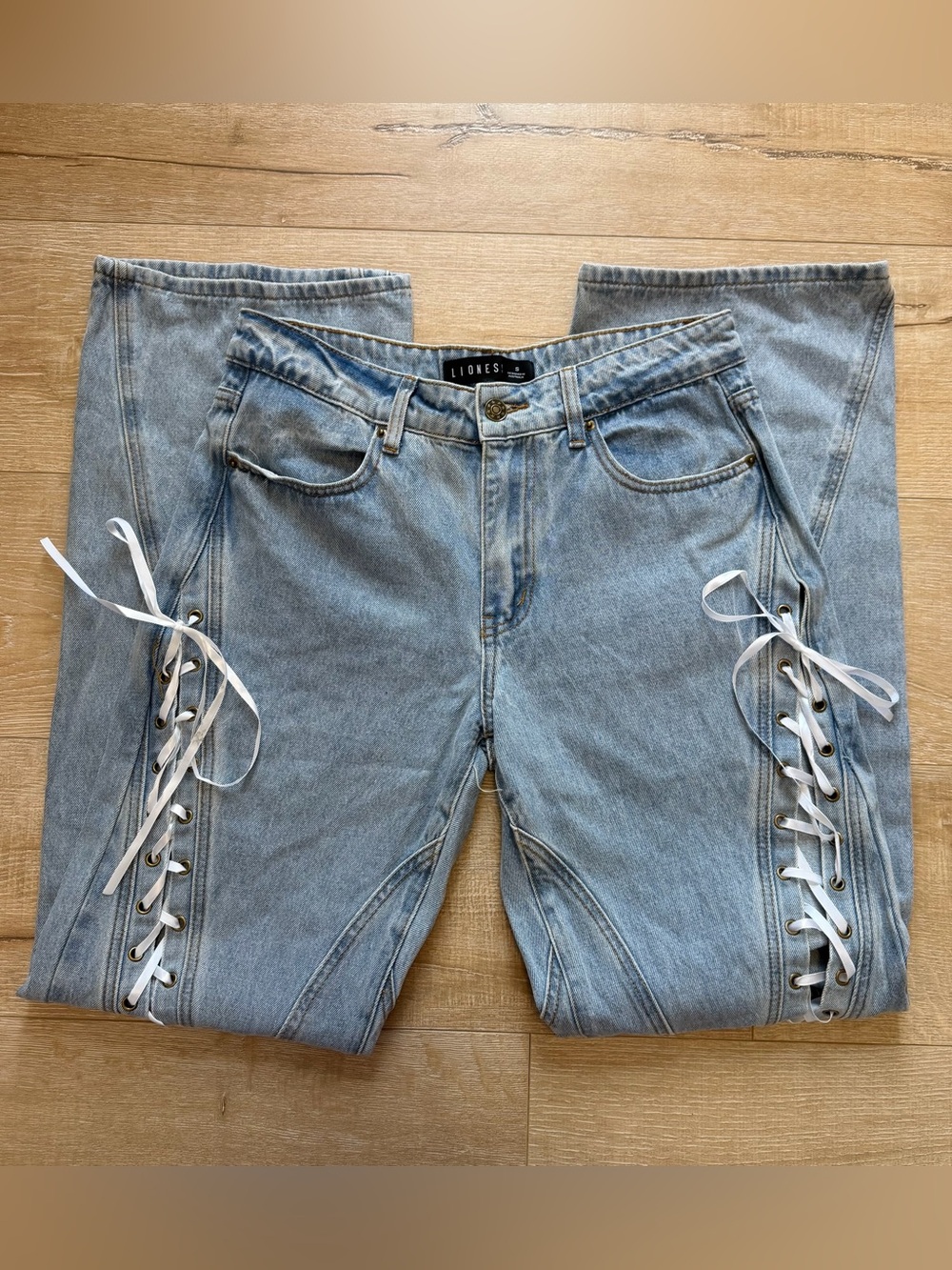 Lioness Dollhouse lace up jeans in Washed Blue
